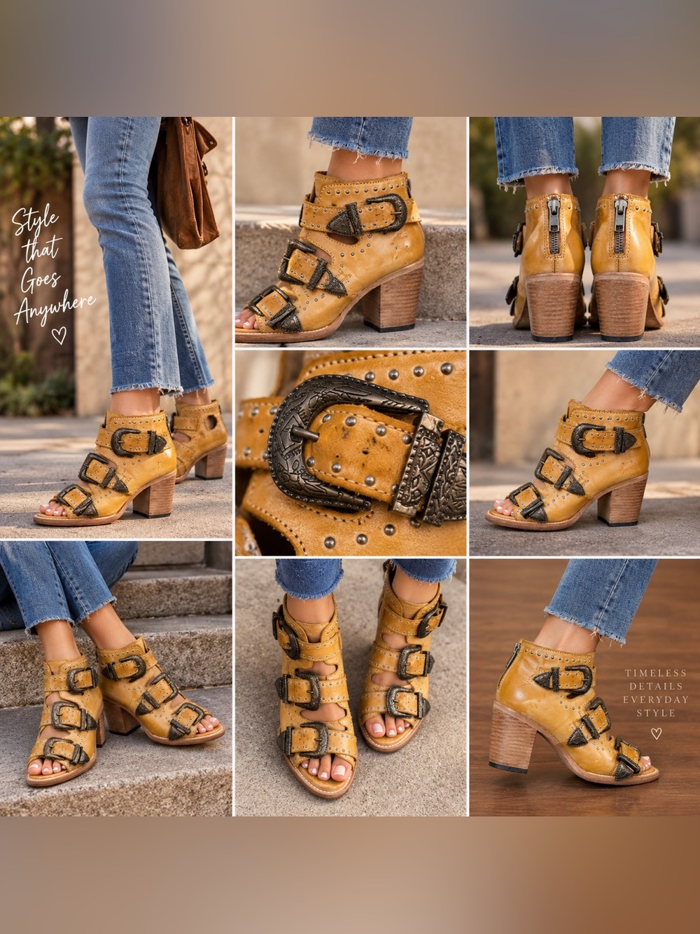 freebird Mustard Leather Buckle Cutout Heeled Booties